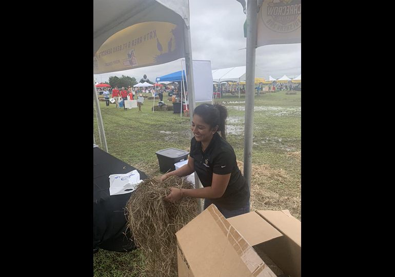 Team member holding hay at outdoor event